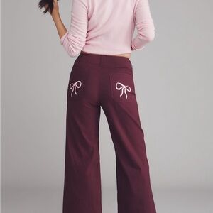 NWT-Anthropologie Maeve Women's Burgundy Wide-Leg Pants with Bow Detail